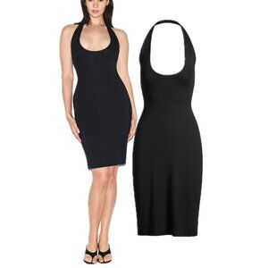 SKIMS Smooth Layers Plunge Halter Low Back Sleeveless Dress (Obsidian Black)
